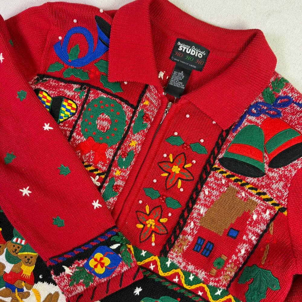 Vintage 90s Christmas Embroidered Patchwork Cardigan Women's S Teddy Bear Sleigh